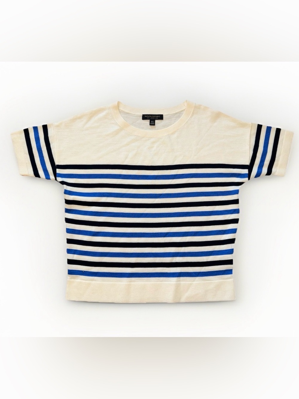 Banana Republic 100% Merino Wool Short Sleeve Sweater XS Striped Black BlueCream
